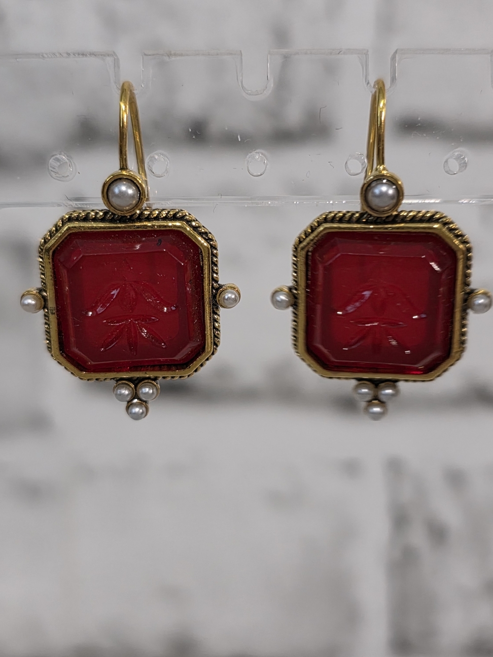 Gold-Tone Red Glass Drop Earrings with Pearl Accents